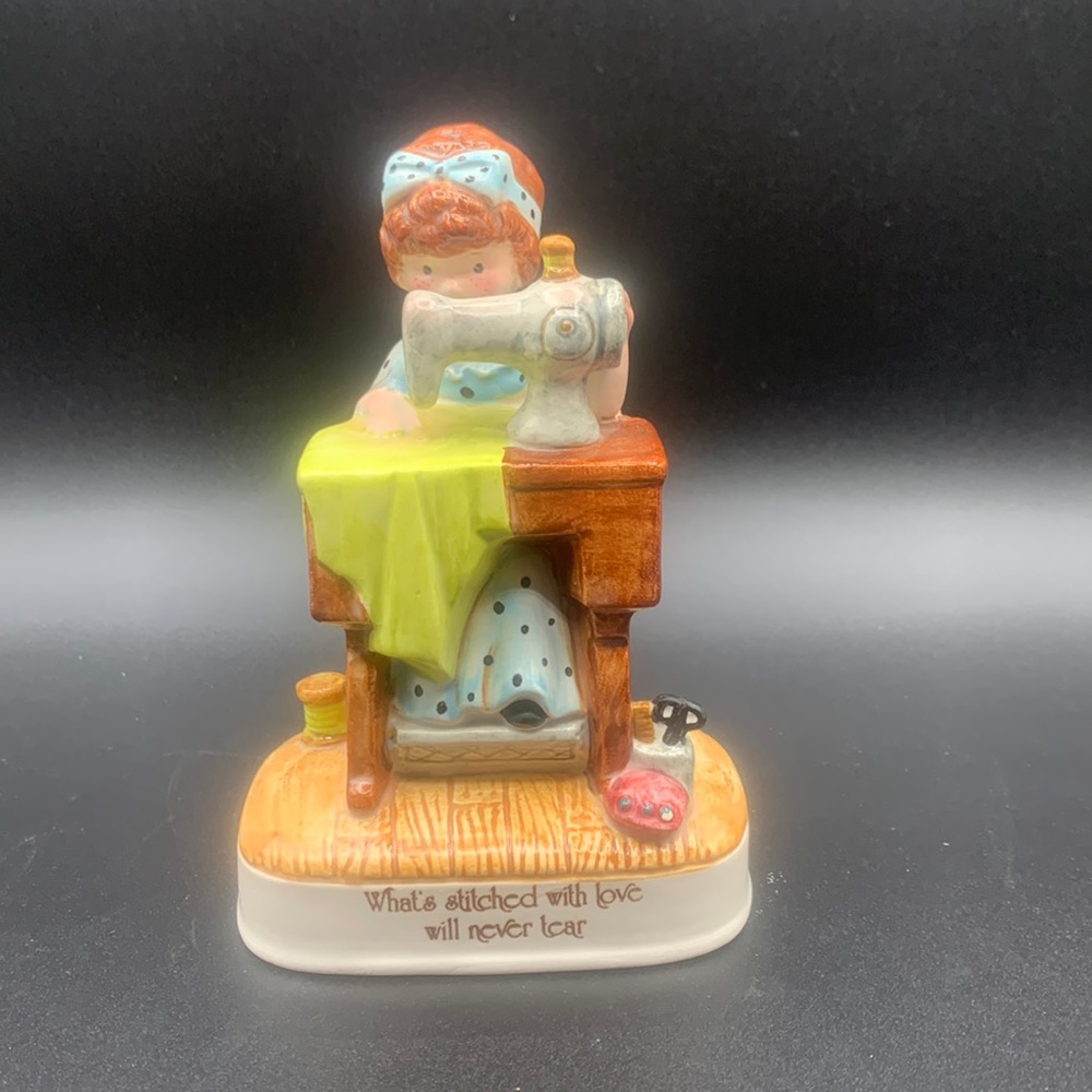 Vintage Holly Hobbie Stitched with Love Ceramic Figurine Seamstress